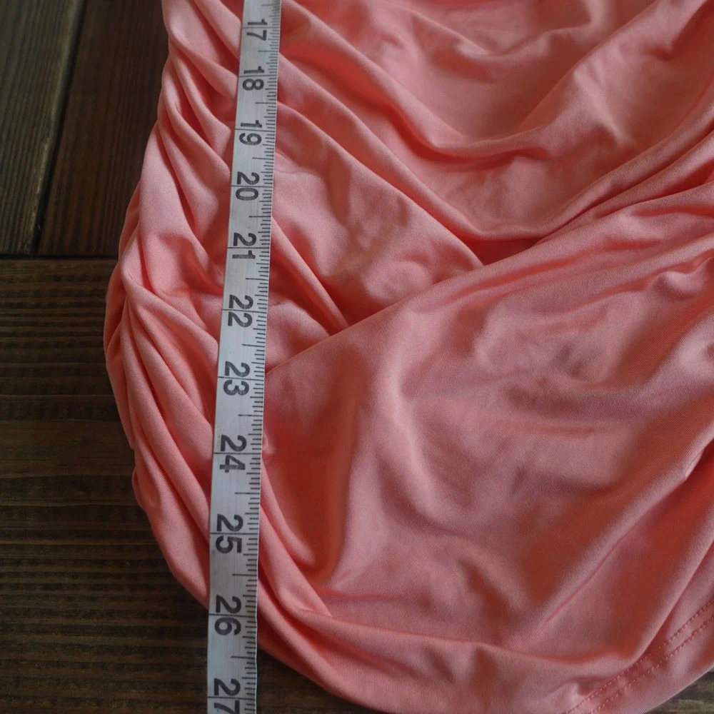 Vintage Y2K Mini‎ Dress Medium Coral Pink Ruched Asymmetric Bodycon Halter HOCO